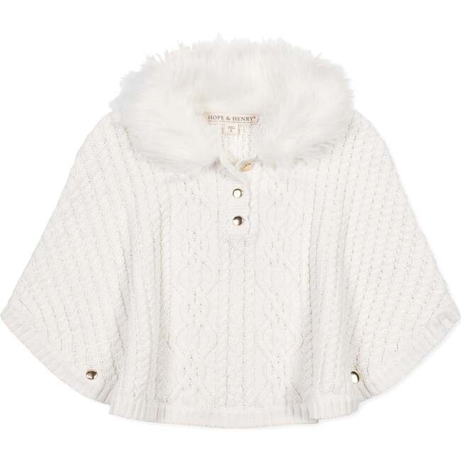 Organic Cable Sweater Cape with Faux Fur, Soft White Cable