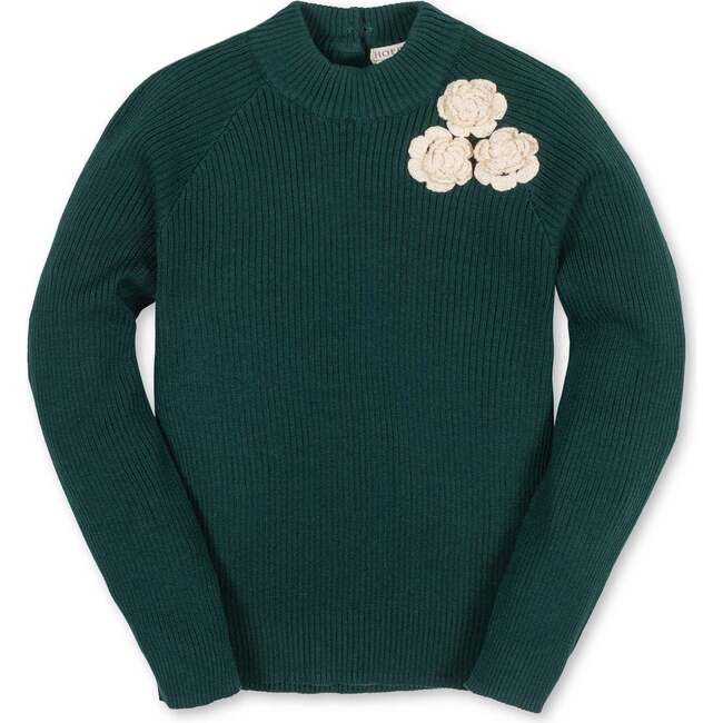 Organic Long Sleeve Mock Neck Sweater with Rosettes, Deep Green Rosette