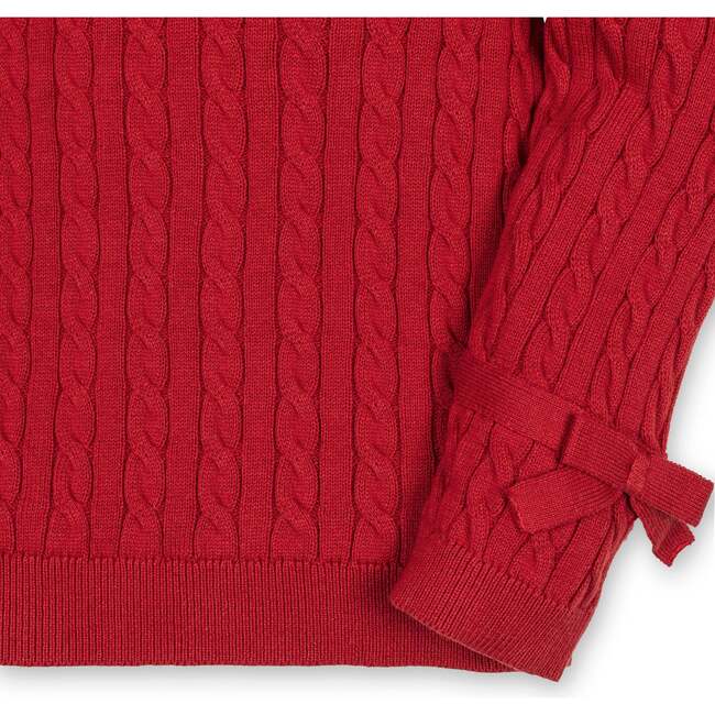 Baby Organic Long Puff Sleeve Sweater with Bow Detail, Red Cable - Sweaters - 3