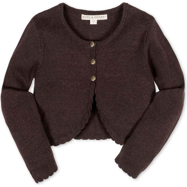 Organic Cropped Scallop Edge Sweater Cardigan, Chocolate Heather