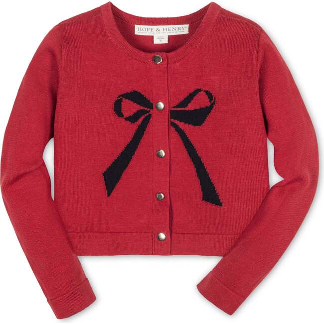 Organic Bow Intarsia Sweater Cardigan, Red with Black Bow