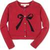 Organic Bow Intarsia Sweater Cardigan, Red with Black Bow - Cardigans - 1 - thumbnail
