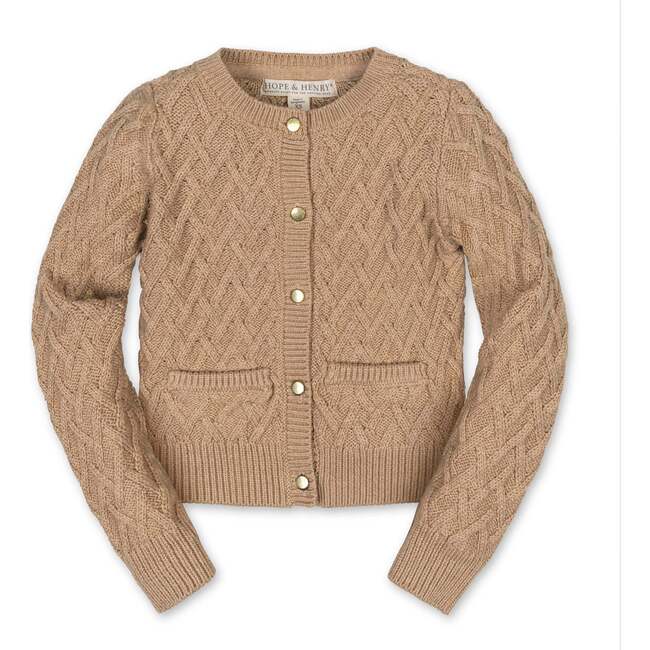 Organic Long Sleeve Herringbone Cardigan Sweater, Camel Heather