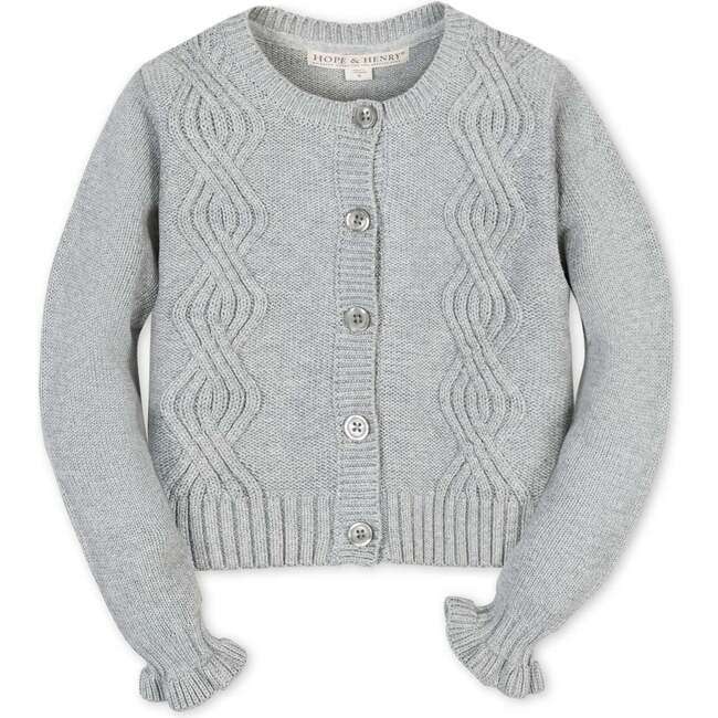 Organic Cropped Ruffle Cuff Cable Sweater Cardigan, Gray Heather