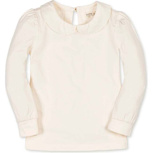 Organic Long Sleeve Knit Top with Woven Collar, Ivory