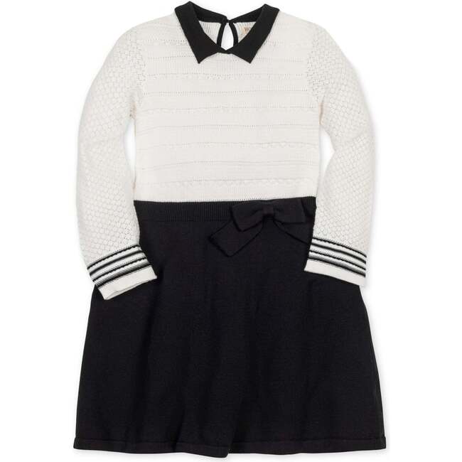 Organic Peter Pan Collar Sweater Dress with Bow, Soft White and Black