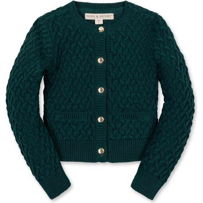 Organic Long Sleeve Herringbone Cardigan Sweater, Deep Green