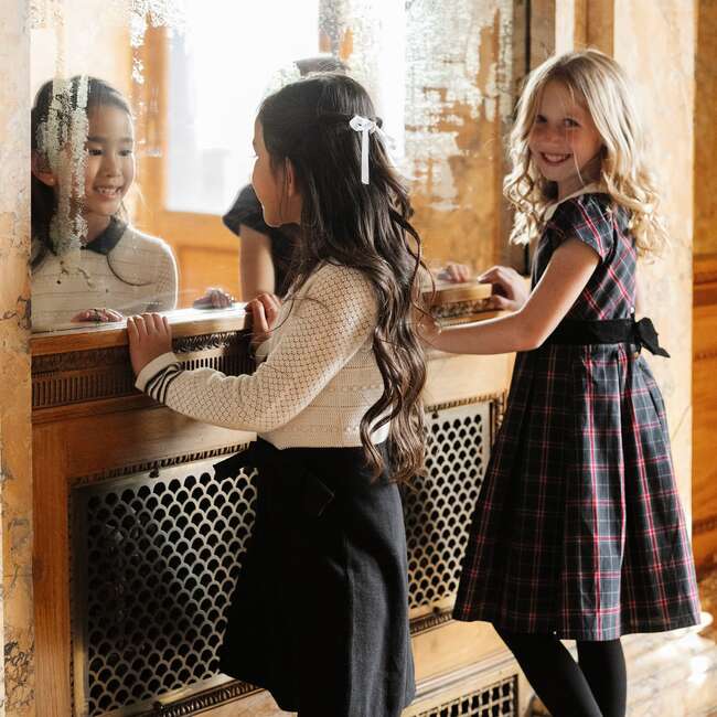 Organic Peter Pan Collar Sweater Dress with Bow, Soft White and Black - Dresses - 2