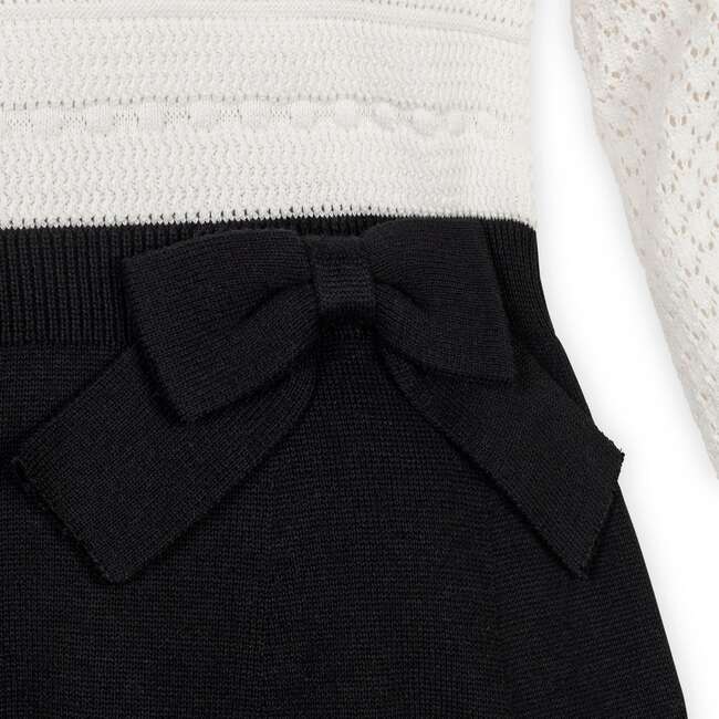 Organic Peter Pan Collar Sweater Dress with Bow, Soft White and Black - Dresses - 3