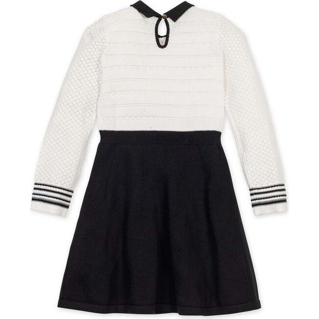 Organic Peter Pan Collar Sweater Dress with Bow, Soft White and Black - Dresses - 4