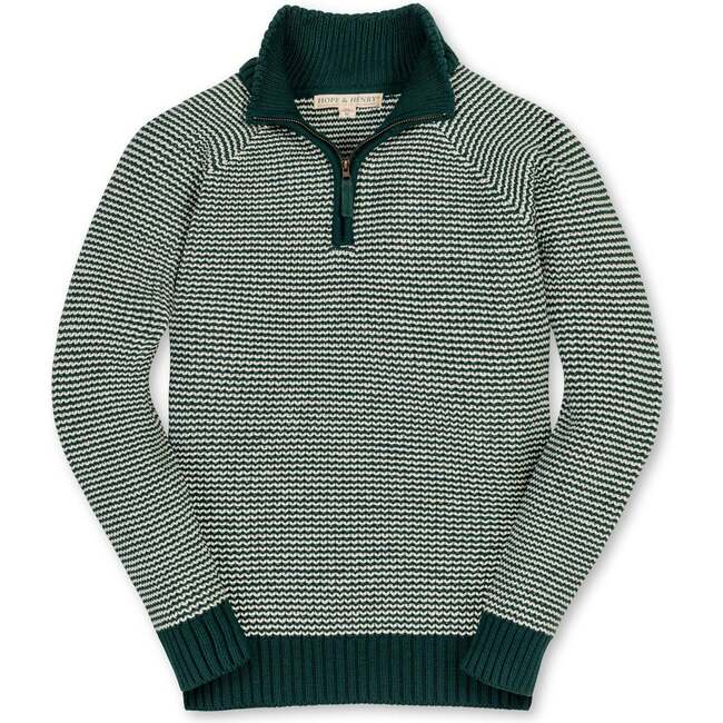 Organic Long Sleeve Half Zip Raglan Ski Sweater, Deep Green Stripe