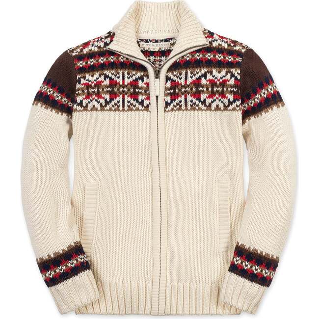 Organic Long Sleeve Full Zip Mock Neck Intarsia Sweater, Ivory Fireside Geo
