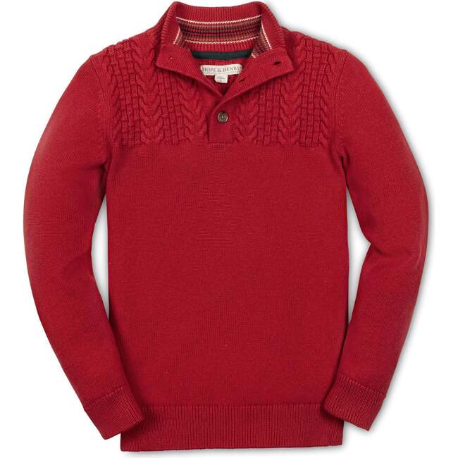 Organic Long Sleeve Mock Neck Sweater with Cable Yoke, Red Cable Yoke