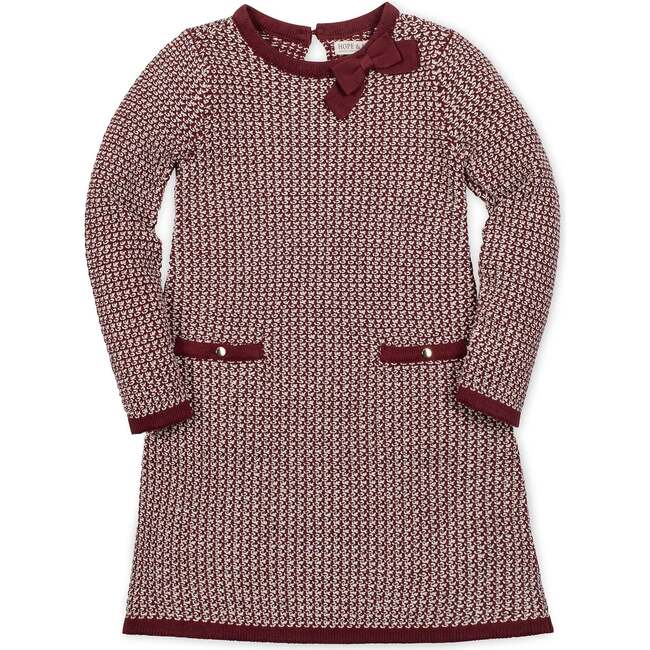 Organic Long Sleeve Bow Detail Tweed Sweater Dress, Oxblood Tweed