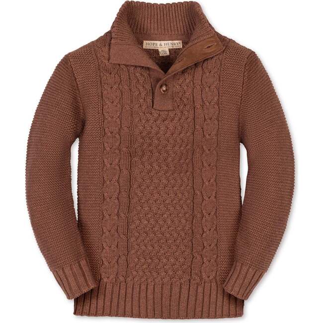 Organic Mock Neck Cable Sweater, Cinnamon Heather