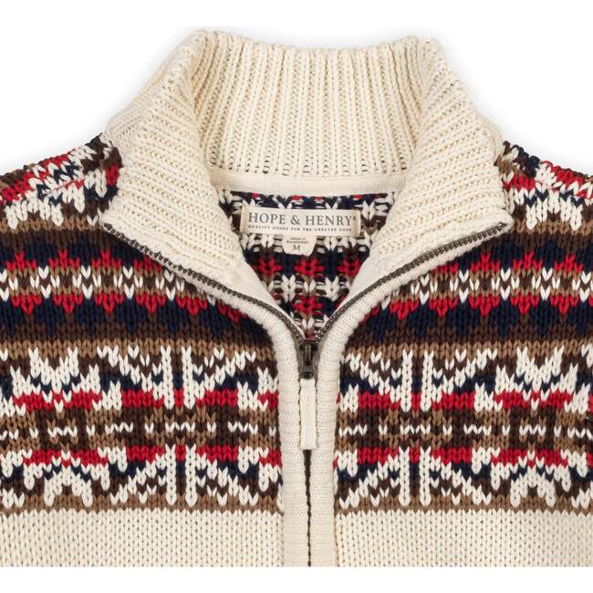 Organic Long Sleeve Full Zip Mock Neck Intarsia Sweater, Ivory Fireside Geo - Sweaters - 2