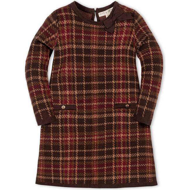 Organic Long Sleeve Bow Detail Intarsia Sweater Dress, Fireside Plaid Intarsia
