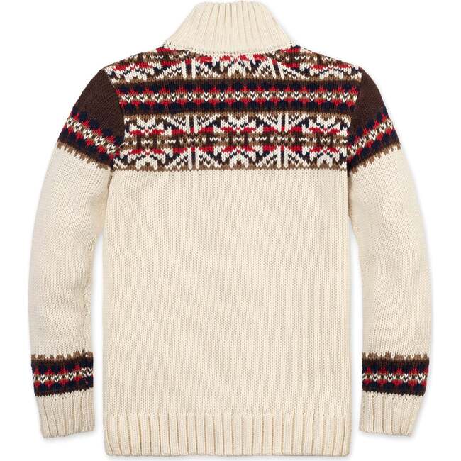 Organic Long Sleeve Full Zip Mock Neck Intarsia Sweater, Ivory Fireside Geo - Sweaters - 3