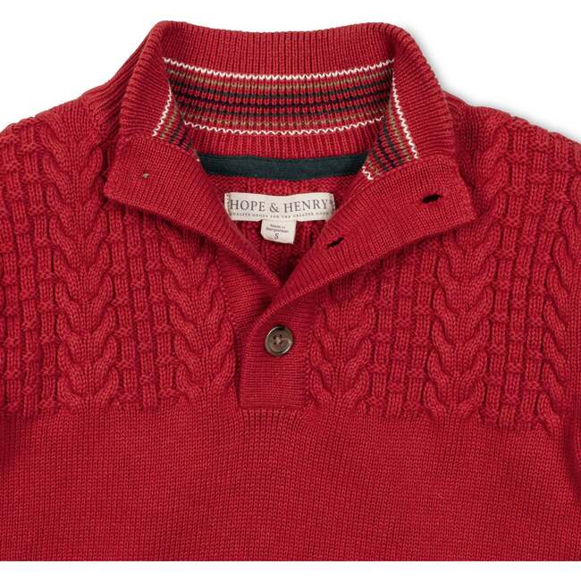 Organic Long Sleeve Mock Neck Sweater with Cable Yoke, Red Cable Yoke - Sweaters - 3