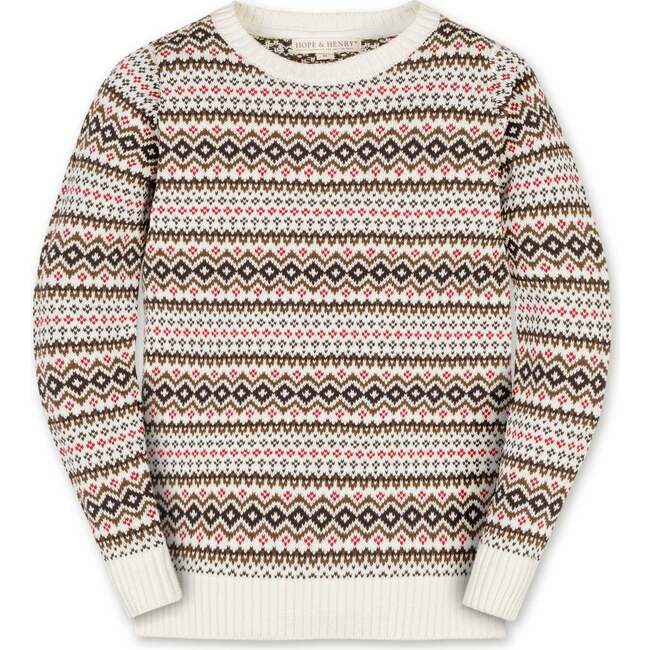 Organic Long Sleeve Intarsia Crew Neck Pullover Sweater, Ivory Fireside Fair Isle