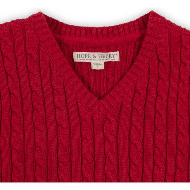 Big Kids Organic V-Neck Cable Sweater Vest, Red Cable - Vests - 2