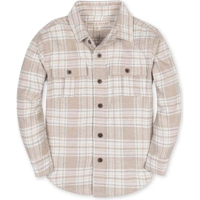 Big Kids Organic Long Sleeve Flannel Shirt with Double Flap Pockets, Taupe Heirloom Plaid