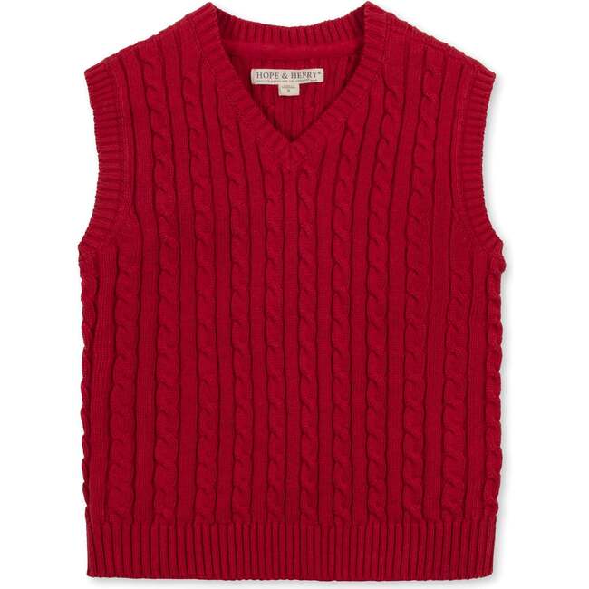 Boy's Organic V-Neck Cable Sweater Vest, Red Cable