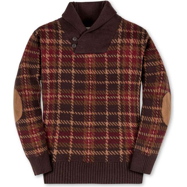 Boy's Organic Long Sleeve Intarsia Shawl Collar Sweater with Elbow Patches, Fireside Plaid Intarsia