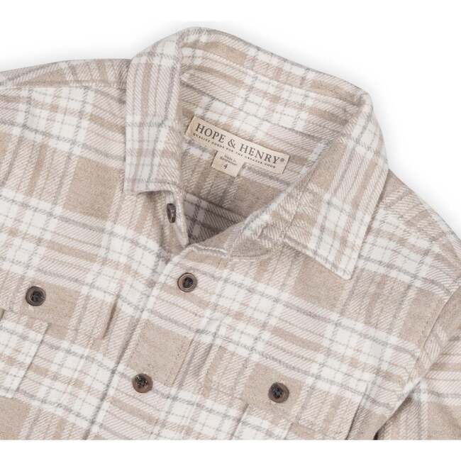Boy's Organic Long Sleeve Flannel Shirt with Double Flap Pockets, Taupe Heirloom Plaid