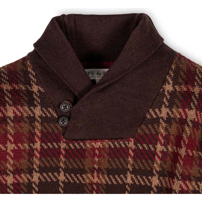 Boy's Organic Long Sleeve Intarsia Shawl Collar Sweater with Elbow Patches, Fireside Plaid Intarsia