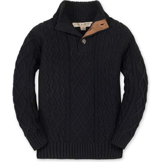Organic Mock Neck Cable Sweater, Black Cable