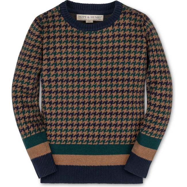 Organic Long Sleeve Intarsia Crew Neck Pullover Sweater, Navy Houndstooth