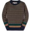 Organic Long Sleeve Intarsia Crew Neck Pullover Sweater, Navy Houndstooth - Sweaters - 1 - thumbnail
