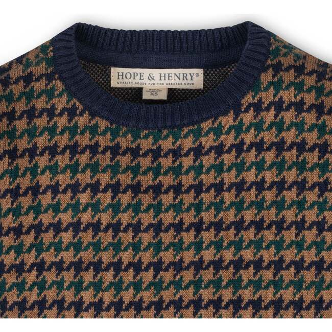 Organic Long Sleeve Intarsia Crew Neck Pullover Sweater, Navy Houndstooth - Sweaters - 2