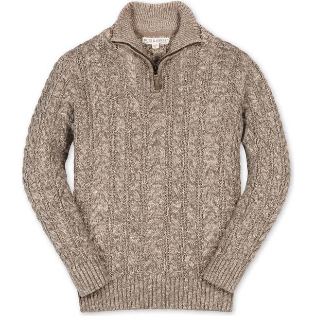 Organic Long Sleeve Half Zip Cable Pullover Sweater, Taupe Marl Cable