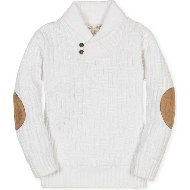 Organic Long Sleeve Shawl Collar Cable Sweater with Elbow Patches, Soft White Basket Cable