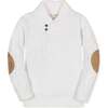 Organic Long Sleeve Shawl Collar Cable Sweater with Elbow Patches, Soft White Basket Cable - Sweaters - 1 - thumbnail