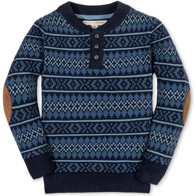 Organic Long Sleeve Henley Pullover Sweater with Elbow Patches, Twilight Fair Isle
