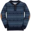 Organic Long Sleeve Henley Pullover Sweater with Elbow Patches, Twilight Fair Isle - Sweaters - 1 - thumbnail
