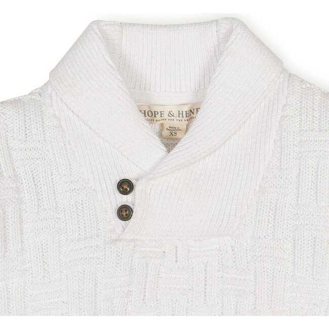 Organic Long Sleeve Shawl Collar Cable Sweater with Elbow Patches, Soft White Basket Cable - Sweaters - 2