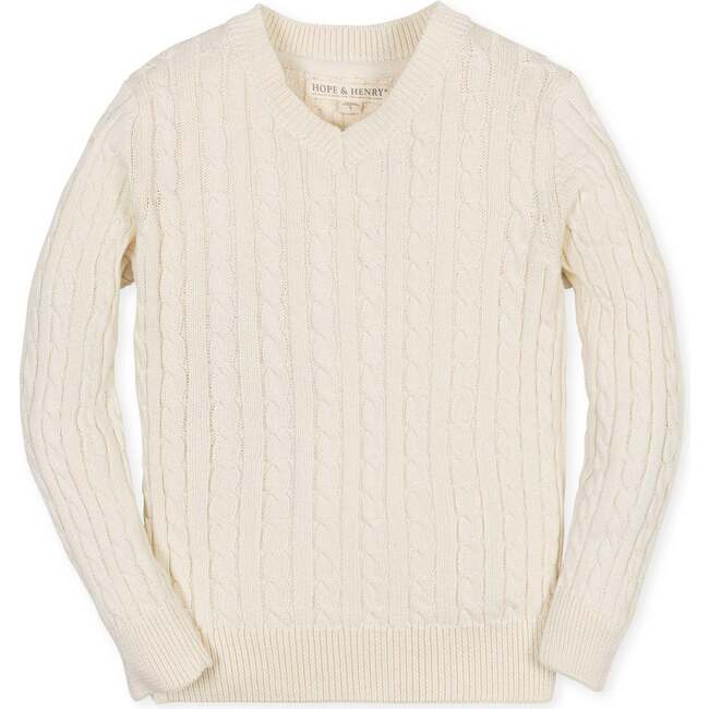 Organic Long Sleeve V-Neck Cable Sweater, Ivory Cable