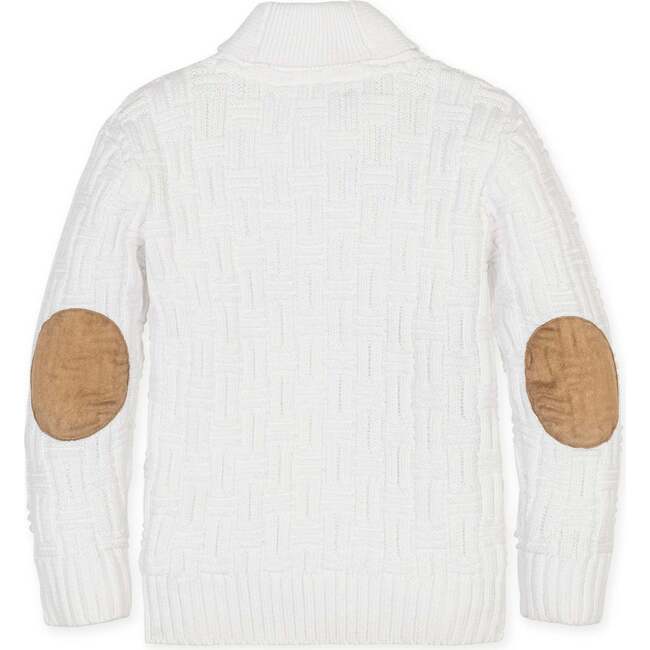 Organic Long Sleeve Shawl Collar Cable Sweater with Elbow Patches, Soft White Basket Cable - Sweaters - 3