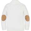 Organic Long Sleeve Shawl Collar Cable Sweater with Elbow Patches, Soft White Basket Cable - Sweaters - 3 - thumbnail