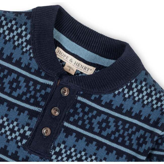 Organic Long Sleeve Henley Pullover Sweater with Elbow Patches, Twilight Fair Isle - Sweaters - 3