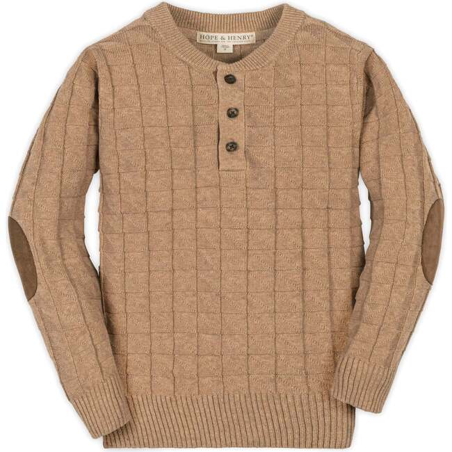 Organic Long Sleeve Henley Pullover Sweater with Elbow Patches, Camel Heather Grid