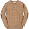 Organic Long Sleeve Henley Pullover Sweater with Elbow Patches, Camel Heather Grid - Sweaters - 1 - thumbnail