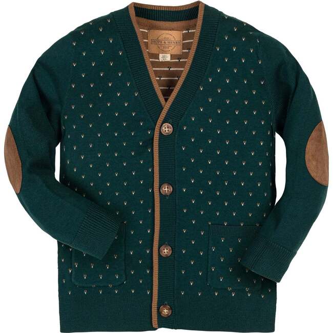 Organic Long Sleeve Tipped Cardigan Sweater, Deep Green Birdseye