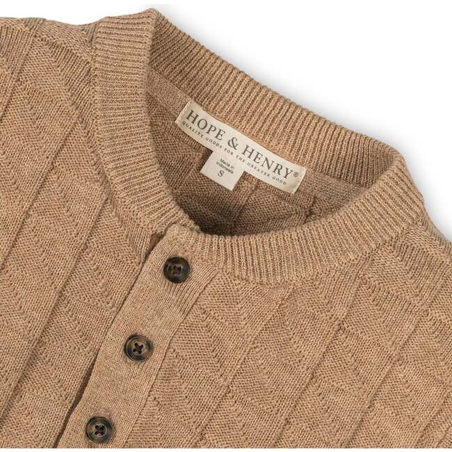 Organic Long Sleeve Henley Pullover Sweater with Elbow Patches, Camel Heather Grid - Sweaters - 2