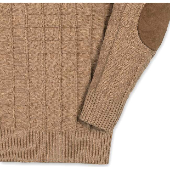Organic Long Sleeve Henley Pullover Sweater with Elbow Patches, Camel Heather Grid - Sweaters - 3