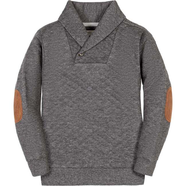 Long Sleeve Quilted Shawl Collar Sweatshirt with Elbow Patches, Quilted Dark Gray Heather